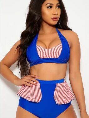 High-Waist Blue Halter Bikini with Red-White Stripe Accent - Women Swim